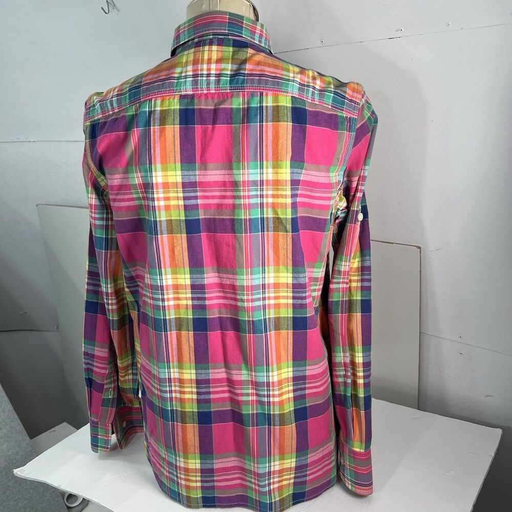 Lauren Ralph Lauren Plaid Shirt Womens M Pink Cotton Roll Tab Sleeve Button Down